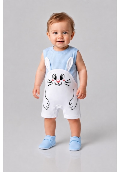 Babyden's Erkek Bebek Tavşan Desenli Yazlık Tulum Fitilli Pamuklu Kolsuz Bebek Tulumu Çıtçıtlı Romper 0-9 Ay Mavi