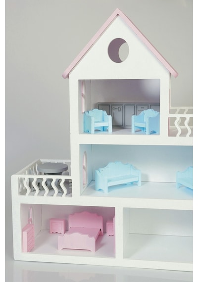 Boyalı Ahşap Barbie Bebek Evi Oyuncak 15 Adet Mobilya Hediyeli
