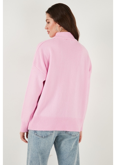 Lela Premium Oversize Fit Balıkçı Yaka Yumuşak Dokulu Triko Bayan Kazak 680Kz00469 Şeker Pembe