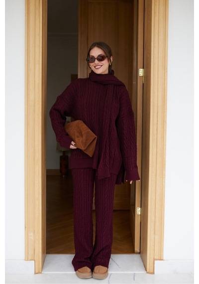 Meecy Kadın Triko Pantolon Takım Oversize Saç Örgülü Bordo Bordo