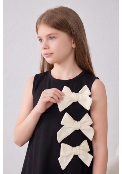 Fesshera Kids Kız Çocuk %100 Pamuk Double Crep Elbise Fiyonk Detaylı Sıfır Kollu Düğme Kapamalı Özel Gün Elbisesi Siyah