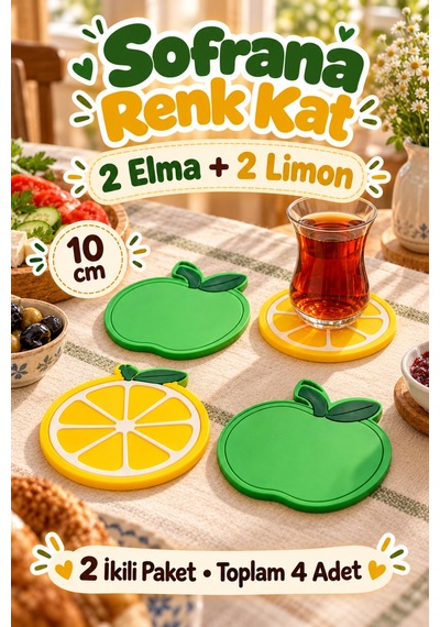 4'lü Elma Limon Desenli Bardak Altlığı Set 10cm Kahve Çay Fincan Altlığı Renkli Masa Sunum Aksesuarı Çok Renkli