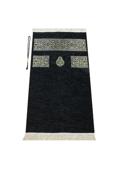 Siyah Namaz Elbisesi - Kabe Motifli Seccade ve Tesbih - Ibadet Se