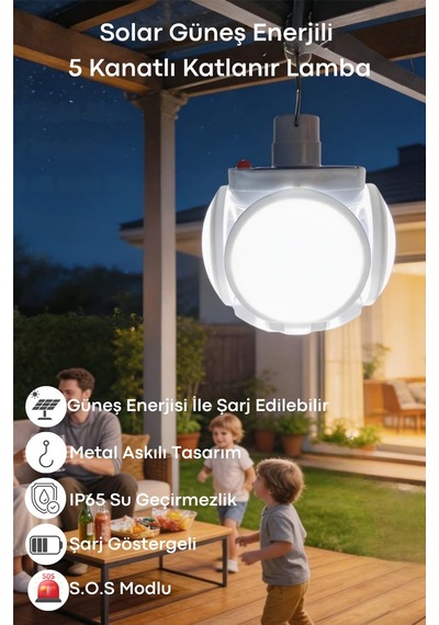 Technosmart 5 Kanatlı Katlanır Solar Ve Usb Şarjlı Asılabilir Kamp Ve Acil Durum Lambası Ip65