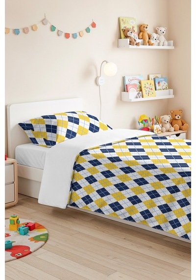 Sarı Lacivert Ekose Geometrik Genç Odası Tek Kişilik Pike Takımı - 160x220 Cm Kapitone Yatak Örtüsü Gölge Çiy Buharı