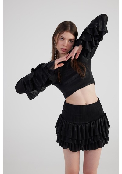 Holly Lolly Parlak Kumaşlı Fırfırlı Etek Bluz Yensia Takım Siyah
