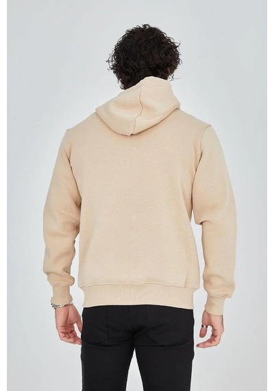 Erkek 3 İplik Pamuklu Fermuarlı Kapüşonlu Kanguru Cepli Baskılı Hoodie Hırka Sweatshirt - Bej Bej