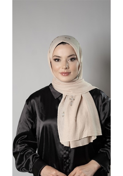 Hürrem Bone Bej Pratik Hazır Geçmeli Tesettür Şal Örme Kumaş Taşlı Çiçek Desenli 2118c 12