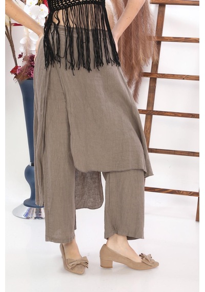 Bohem Stil İtalyan Ham Keten Pantolon Etek-8747 Vizon