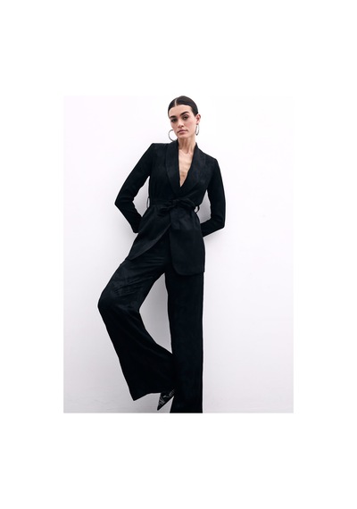 Sateen Bağlamalı Jakarlı Ceket - Siyah-135778 Siyah