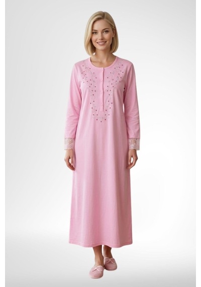 Mecit Pijama Mecit 6375 Pembe Kadın %100 Pamuk Uzun Kollu Gecelik