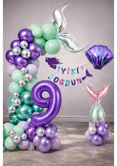 Deniz Kızı Temalı 9 Yaş Doğum Günü Balon Süsleme Seti Mor Lila Parti Dekorasyon Seti Mor