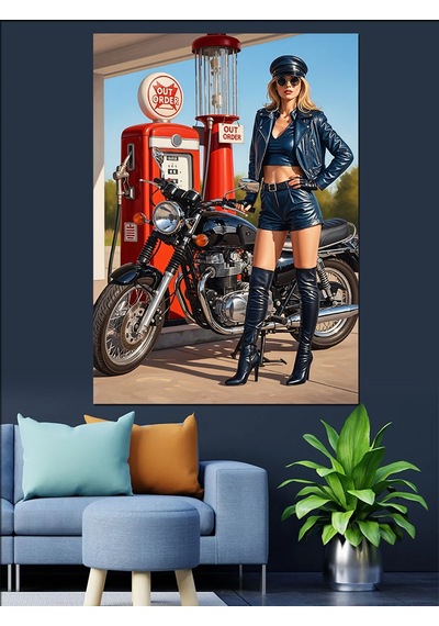 Motosikletli Pin-up Sarışın Kadın Dekoratif Kanvas - Mdf Ahşap Tablo
