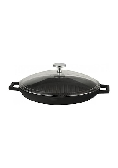 Lava Döküm Yuvarlak Metal Kulplu Cam Kapaklı Izgara Tava 30 CM