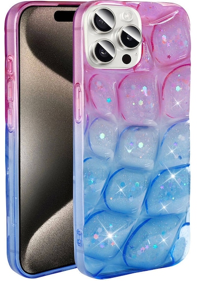 Apple Uyumlu iPhone 15 Pro Max Kılıf Simli 3d Desenli Tchs Hacar Kapak - Pembe-mavi Pembe-Mavi