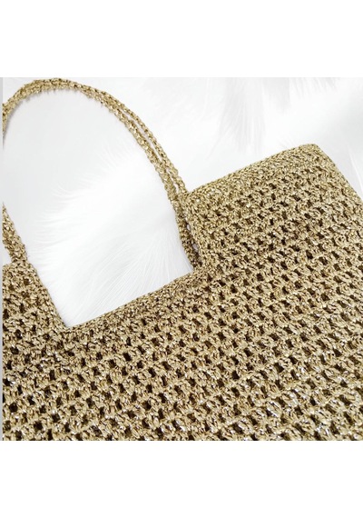 Embahandmade Metalik Altın El Örgüsü Plaj Çantası Şık Yazlık Omuz Tote Bag Gold