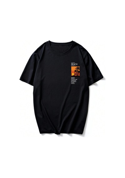 Erkek Beach Baskılı Oversize Tshirt Siyah