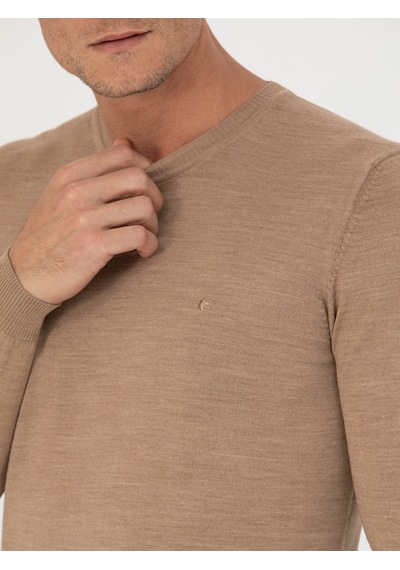 Cacharel Camel Slim Fit Bisiklet Yaka Triko Kazak Kahverengi