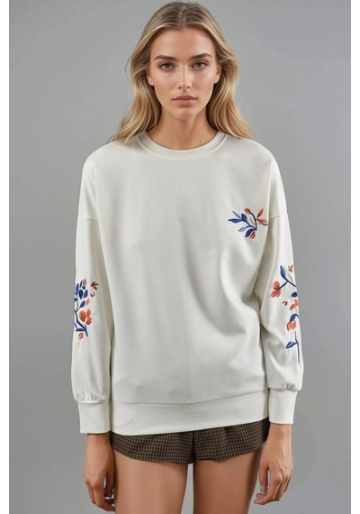 Fiolin Modal Dokulu İşlemeli Bisiklet Yaka Sweatshirt Ekru