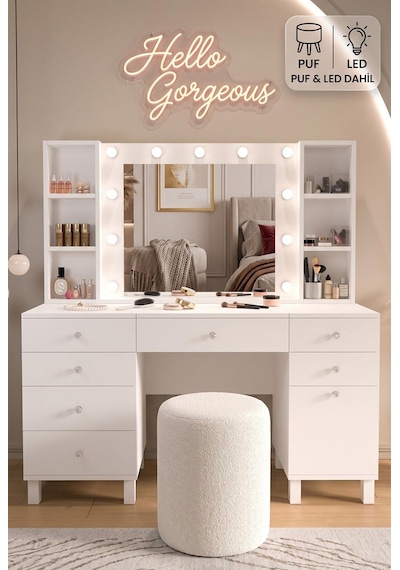 Robin Home Hollywood Makyaj Masası Takımı 7 Çekmece Kapaklı Düzenleyici Hollywood Led Işıklı Ve Puflu Beyaz Robin Home Hollywood Makyaj Masası Takımı 7 Çekmece Kapaklı Düzenleyici Hollywood Led Işıklı Ve Puflu Beyaz