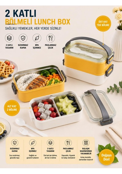 Vagonlife Vgn-462 Sarı-beyaz 1400 Ml 3 Bölmeli Paslanmaz Çelik Lunch Box Beslenme Kabı Çok Renkli