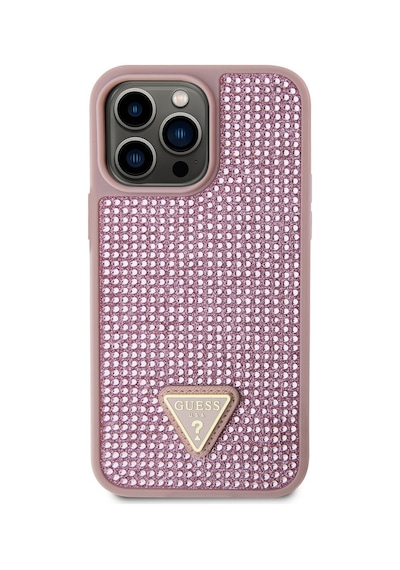 Apple Uyumlu iPhone 13 Pro Max Kılıf Guess Lisanslı Taşlı Arka Yüzey Üçgen Logolu Kapak Pembe