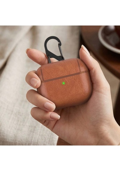 Caseonn Apple Airpods Uyumlu 5 Kılıf Kancalı Lüks Deri Görünümlü Açık Kahverengi