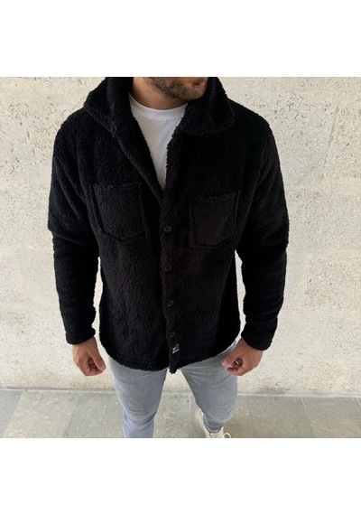 Valensdesign Erkek Pelüş Polar Hırka Gömlek Yakalı, İlik Düğmeli, Göğüs Cepli, Yumuşak Dokulu Kışlık Regular Fi Siyah