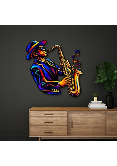 Neon Caz Saksofoncusu - Metal Tablo - Dec0242 70 X 70 Cm Çok Renkli