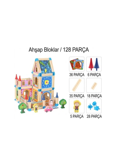 128 Parça Ahşap Yapı Blokları - Eğitici Maket Ev İnşaat Seti - Montessori Zeka Geliştirici Oyuncak
