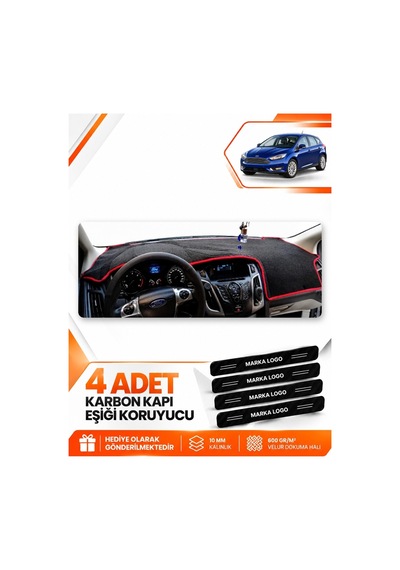 Ford Focus 3.5 Hatchback 2014-2018 Uyumlu Ön Torpido Koruma Kılıfı Örtüsü - Siyah Kırmızı
