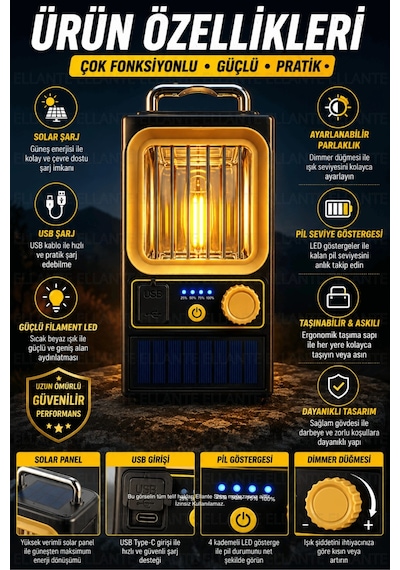 Solar Şarjlı Kamp Feneri Usb Şarjlı Dimmerli Filament Led Taşınabilir Kamp Lambası Acil Durum Aydınl Çok Renkli