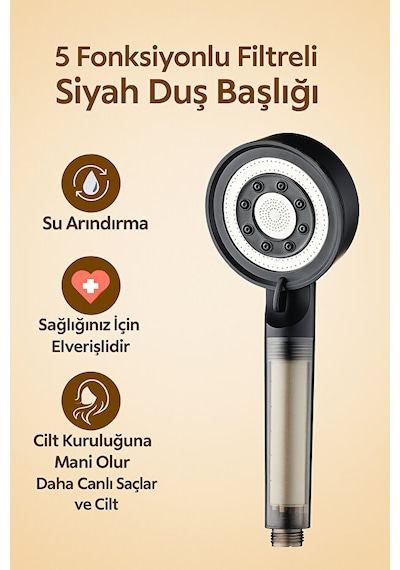 Kustar 5 Fonksiyonlu Çelik Su Tasarruflu Filtreli Turbo Jet Duş Başlığı Siyah