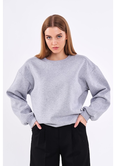 Mmetalic Gri Kadın Pamuklu Oversize Basic Bisiklet Yaka Sweatshirt 001
