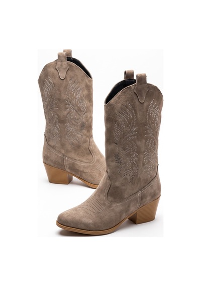 V.s.h Velvet Sara Kadın Western Basklılı Vizon Kovboy Çizme -2556