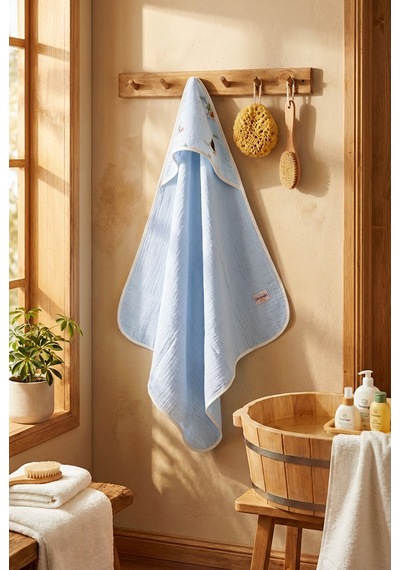 Mavi 4 Kat Müslin Çok Amaçlı Bebek Banyo Bornozu 85x85 Cm Açık Mavi