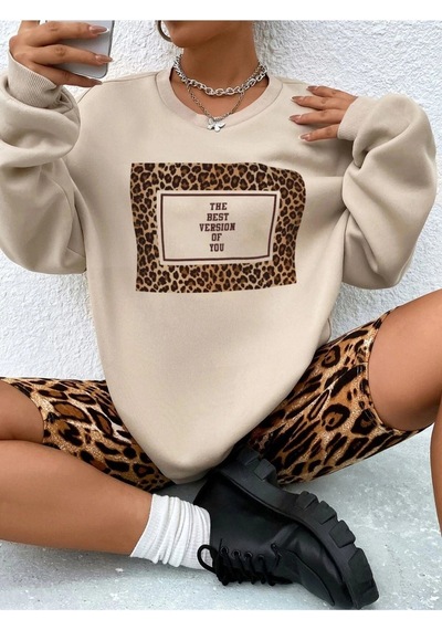 Kadın Siyah Leopar Oversize Bisiklet Yaka Sweatshirt Leoparsweat Siyah
