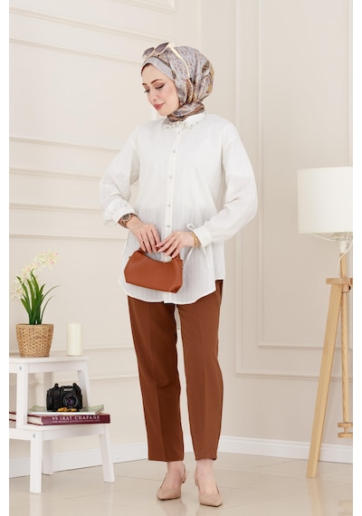 Sevitli Taş Detaylı Hilal Tunik-beyaz-4956 Beyaz