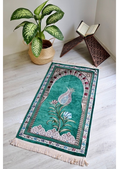 Lale Desenli Astarlı Lüks Seccade S1002 Gri Yeşil