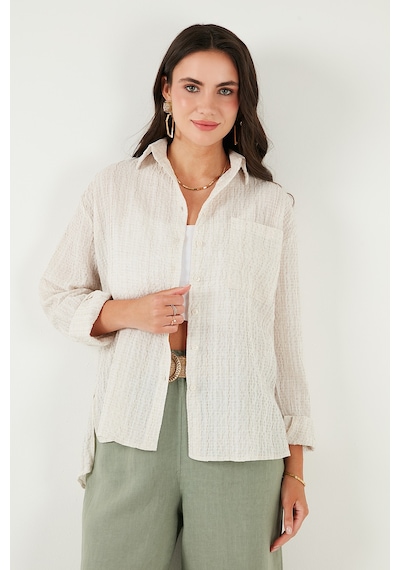Lela Regular Fit Tek Cepli Önü Kısa Arkası Uzun Krinkıl Bayan Gömlek 6772752 Taş