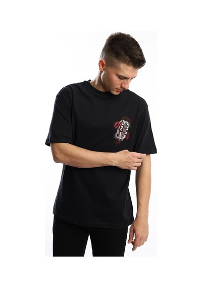 Erkek Oversize Fit Ön Arka Baskılı Basic Tişört Siyah