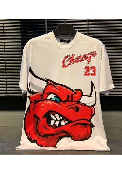 Startmore Erkek Beyaz Chicago 23 Baskılı Oversize Bisiklet Yaka Tshirt Beyaz