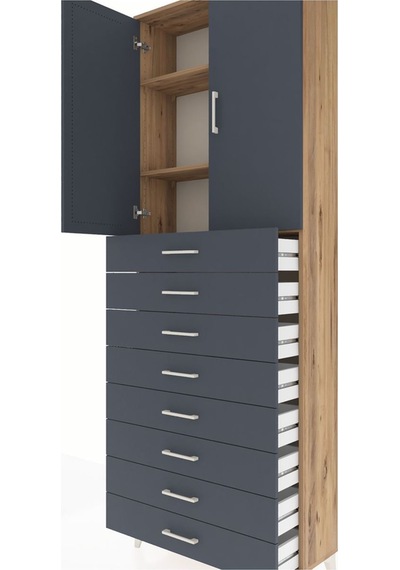 Arges Dolap 3 Raflı 8 Çekmeceli 2 Kapaklı 88x30x243 Çam-antrasit Çam