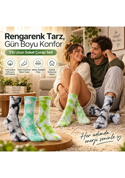 Çorap Giyim Unisex Batik Desenli Çorap 6'lı Set Renkli Pamuklu Uzun Soket Dikişsiz Nefes Alan Günlük Spor Çorabı Çok Renkli