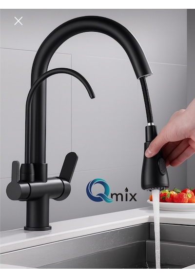 Siyah Lüx Model Arıtmalı Spiralli Mutfak Eviye Bataryası Pirinç Gövde Musluk