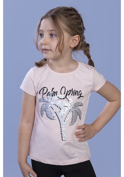 Toontoy Kids Toontoy Kız Çocuk Pullu Palmiye Nakışlı Tişört Pudra