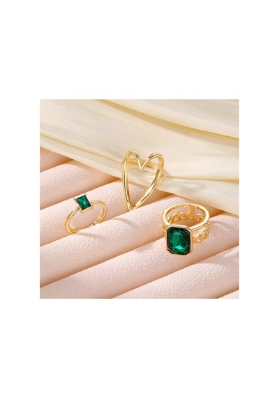 Romance Gold Altın Renkli Siyah Taşlı Vintage Bohem 3 Parça 3'lü Yüzük Seti Kırmızı - Mavi
