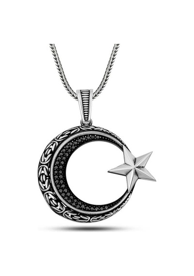 Gümüş Zirkon Taşlı Motifli Ay Yıldız Erkek Kolye Çok Renkli