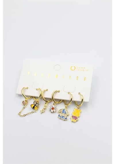 Renkli Taşlı Set Küpe - Altın Çok renkli 14747815