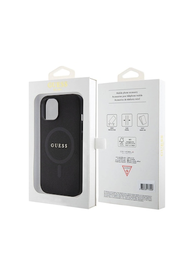 Apple Uyumlu iPhone 15 Kılıf Guess Lisanslı Magsafe Şarj Özellikli Yazı Logo Saffiano Kapak Siyah